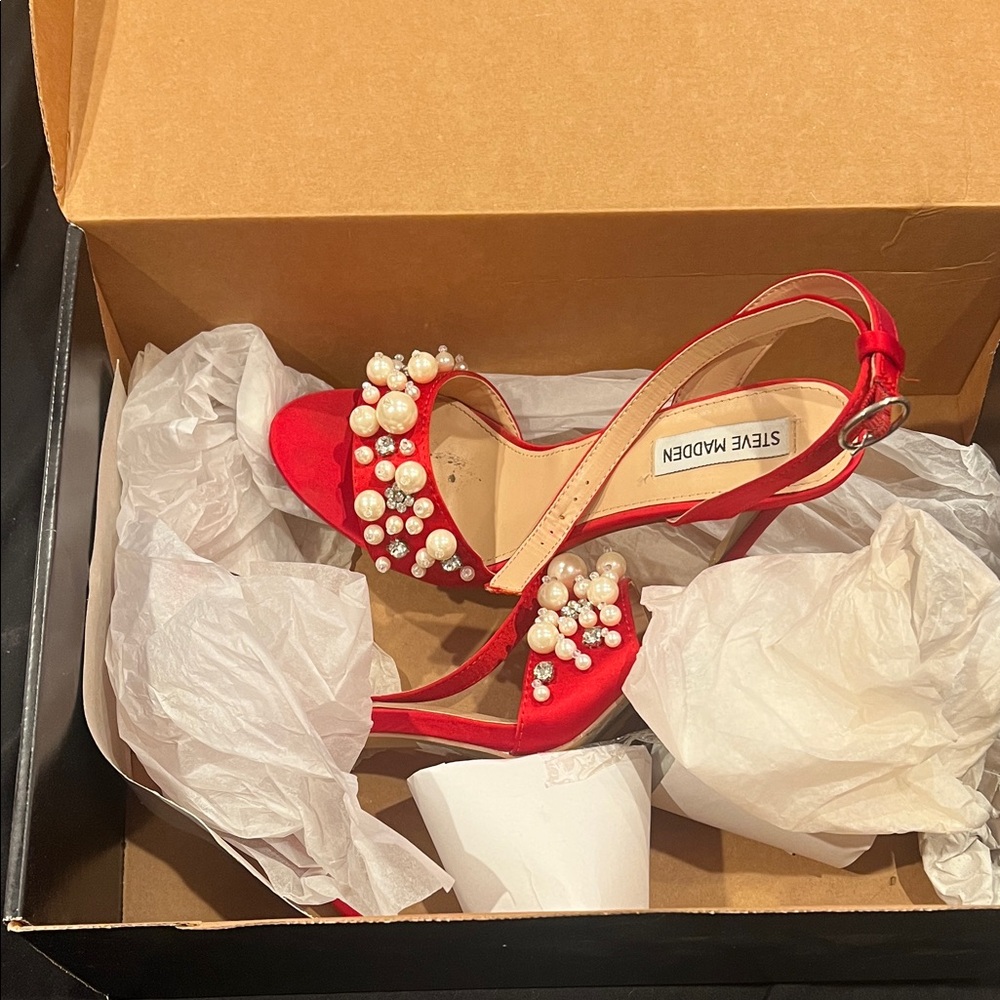 Steve Madden Red Heels with Pearl Accents